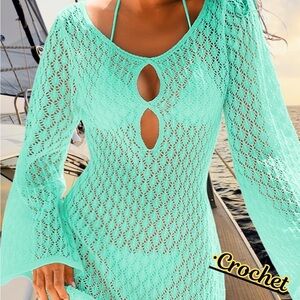 Amazon Crochet Long-Sleeve Cover-Up Dress in Aqua